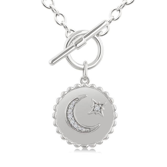 Silver Crescent Moon & Star Toggle Diamond Fashion Necklace
