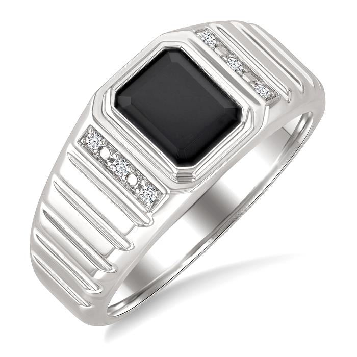 8x7 MM Octagon Shape Onyx and 1/20 Ctw Round Cut Diamond Semi-precious Men's Ring in Sterling Silver