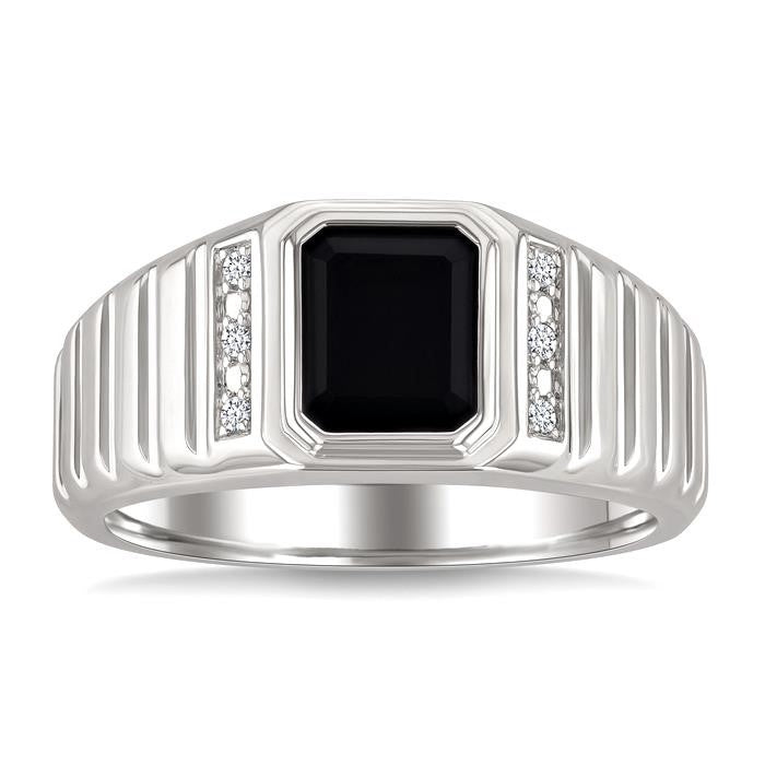 8x7 MM Octagon Shape Onyx and 1/20 Ctw Round Cut Diamond Semi-precious Men's Ring in Sterling Silver