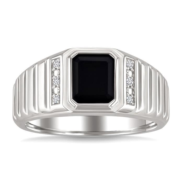 Silver Emerald Shape Men's Onyx Diamond Ring