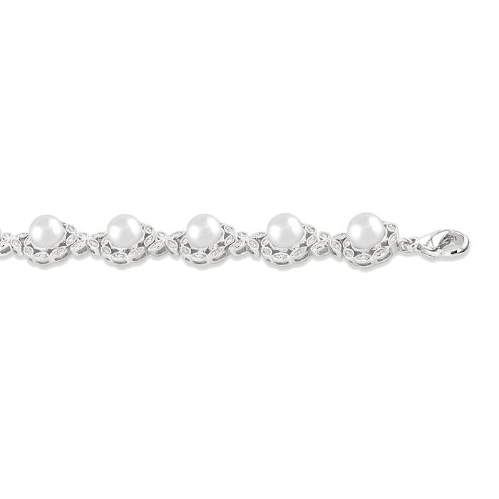 6 MM Cultured Pearl and 1/6 Ctw Round Cut Diamond Bracelet in Sterling Silver