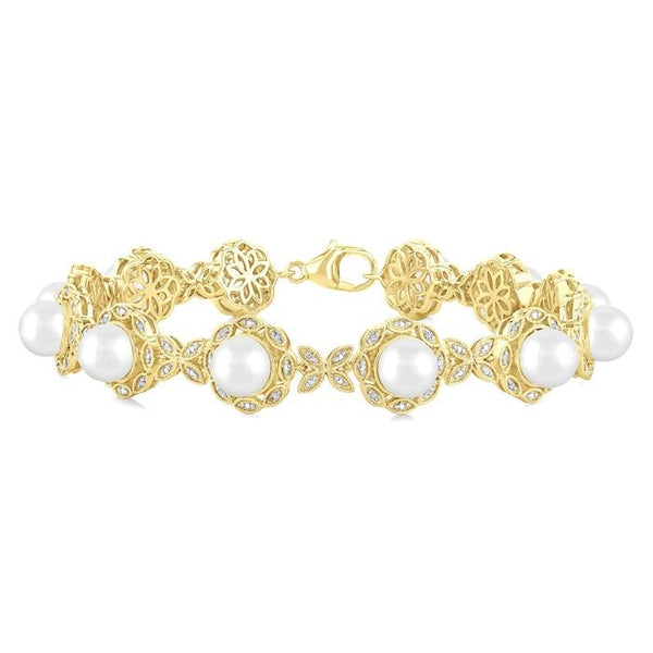 6 MM Cultured Pearl and 1/6 Ctw Round Cut Diamond Bracelet in Yellow Gold Vermeil