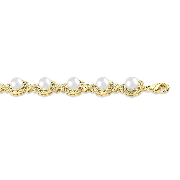 6 MM Cultured Pearl and 1/6 Ctw Round Cut Diamond Bracelet in Yellow Gold Vermeil