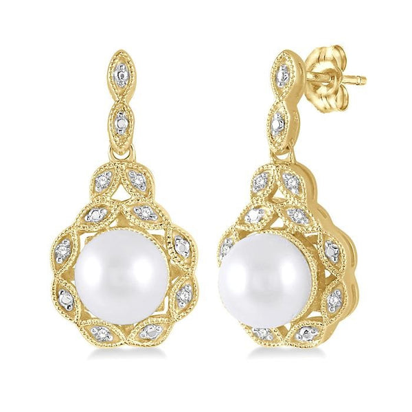 6 MM Cultured Pearl and 1/20 Ctw Round Cut Diamond Earrings in Yellow Gold Vermeil