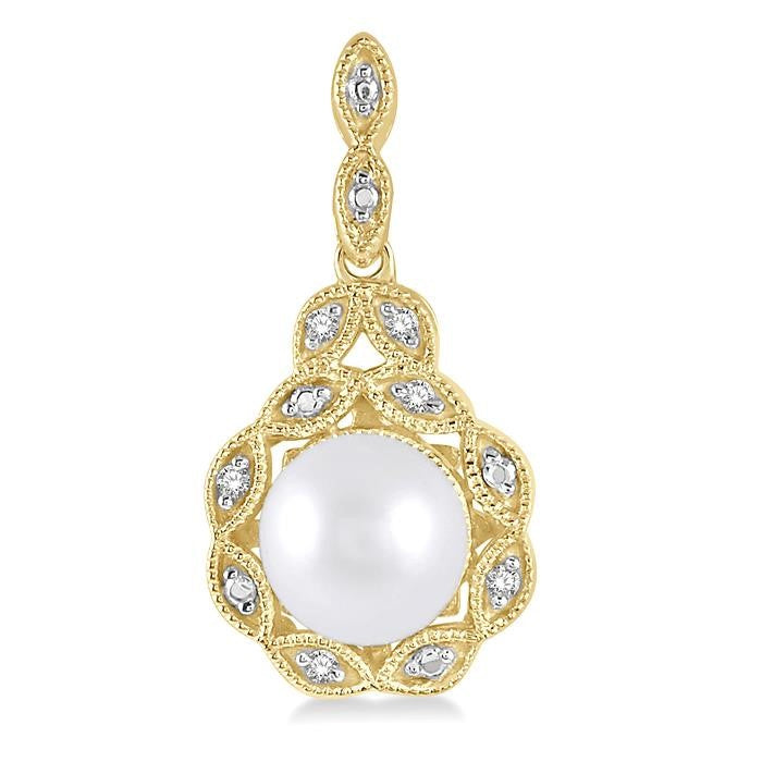 6 MM Cultured Pearl and 1/20 Ctw Round Cut Diamond Earrings in Yellow Gold Vermeil