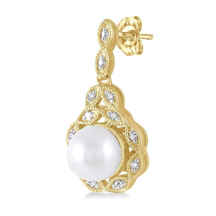 6 MM Cultured Pearl and 1/20 Ctw Round Cut Diamond Earrings in Yellow Gold Vermeil