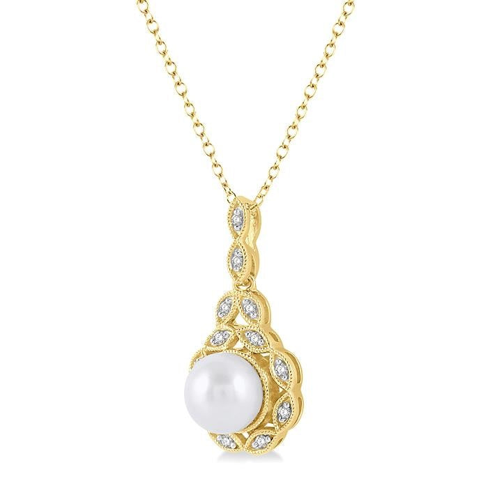 6.5 MM Cultured Pearl and 1/20 Ctw Round Cut Diamond Pendant With Chain in Yellow Gold Vermeil