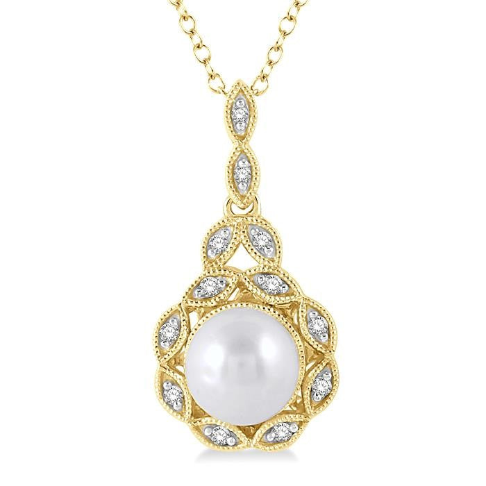 6.5 MM Cultured Pearl and 1/20 Ctw Round Cut Diamond Pendant With Chain in Yellow Gold Vermeil