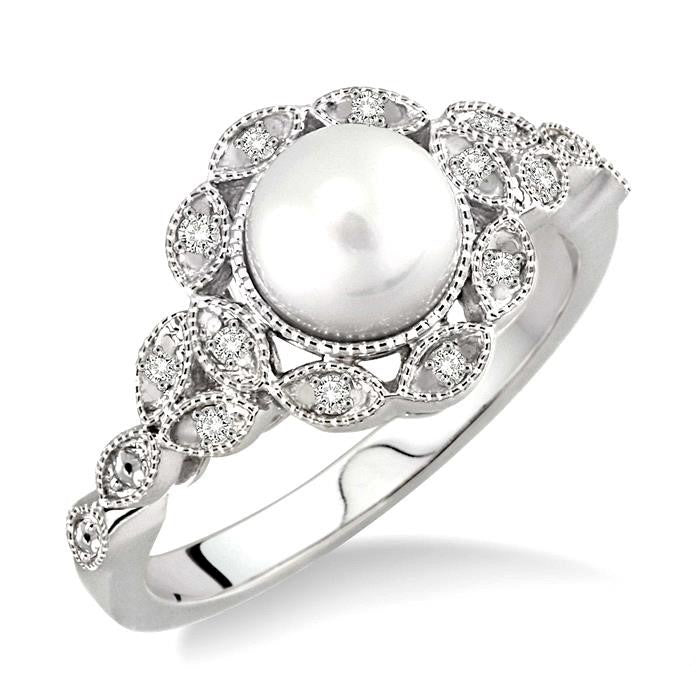 Silver Pearl & Diamond Ring