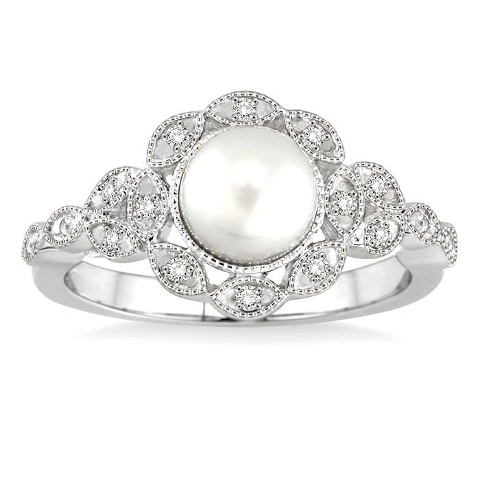 Silver Pearl & Diamond Ring