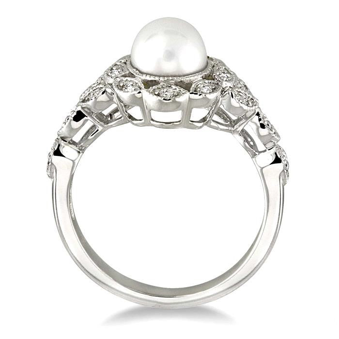 Silver Pearl & Diamond Ring