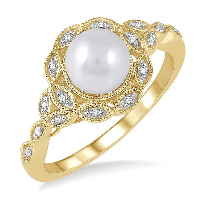 6.5 MM Cultured Pearl and 1/20 Ctw Round Cut Diamond Ring in Yellow Gold Vermeil