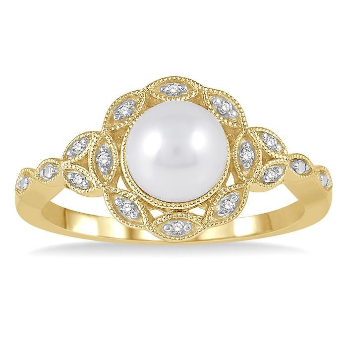 6.5 MM Cultured Pearl and 1/20 Ctw Round Cut Diamond Ring in Yellow Gold Vermeil