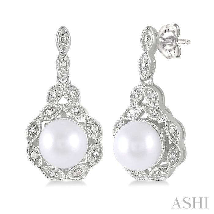 6X6 MM Cultured Pearl and 1/20 Ctw Round Cut Diamond Earrings in Sterling Silver