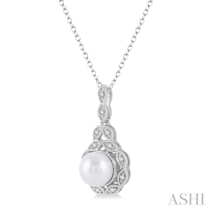 6.5x6.5 MM Cultured Pearl and 1/20 Ctw Round Cut Diamond Pendant in Sterling Silver with Chain