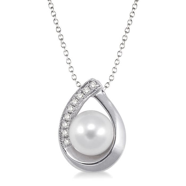 6.5 MM Cultured Pearl and 1/20 Ctw Round Cut Diamond Pendant in Sterling Silver with chain