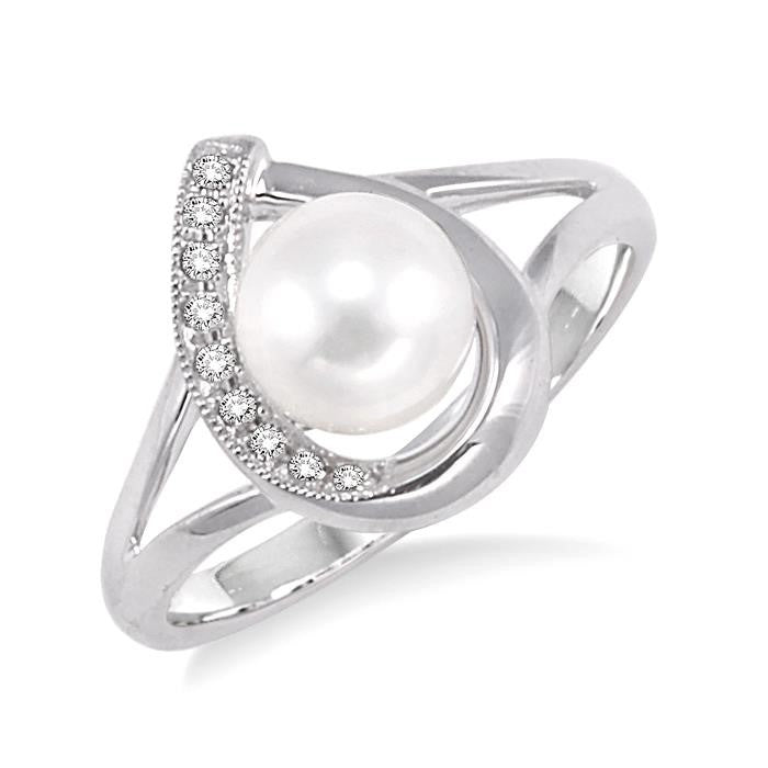 6.5 MM Cultured Pearl and 1/20 Ctw Round Cut Diamond Ring in Sterling Silver