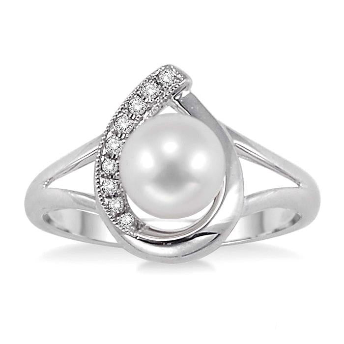 Silver Pearl & Diamond Ring