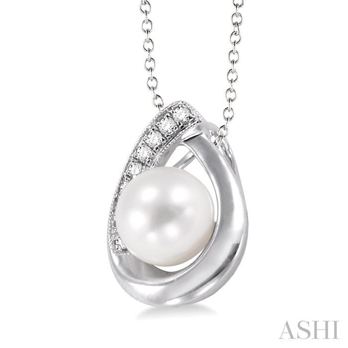 6.5 MM Cultured Pearl and 1/20 Ctw Round Cut Diamond Pendant in Sterling Silver with chain