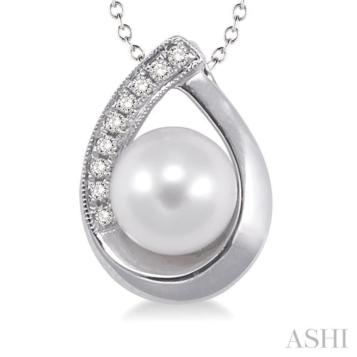 6.5 MM Cultured Pearl and 1/20 Ctw Round Cut Diamond Pendant in Sterling Silver with chain