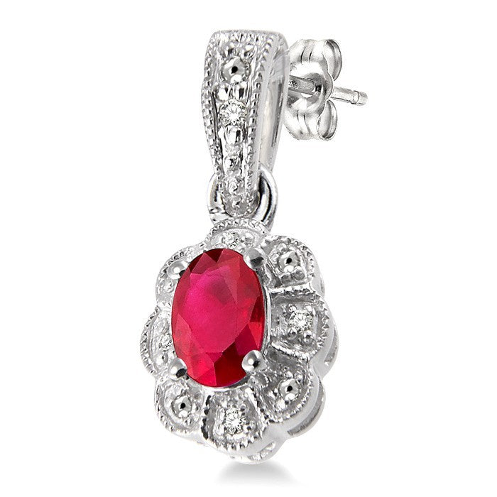 5x3 MM Oval Cut Ruby and 1/20 Ctw Round Cut Diamond Earrings in Sterling Silver