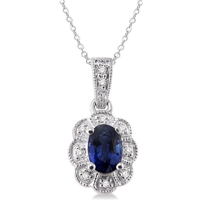 6x4 MM Oval Cut Sapphire and 1/20 Ctw Round Cut Diamond Pendant in Sterling Silver with Chain