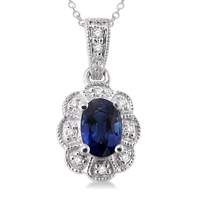6x4 MM Oval Cut Sapphire and 1/20 Ctw Round Cut Diamond Pendant in Sterling Silver with Chain