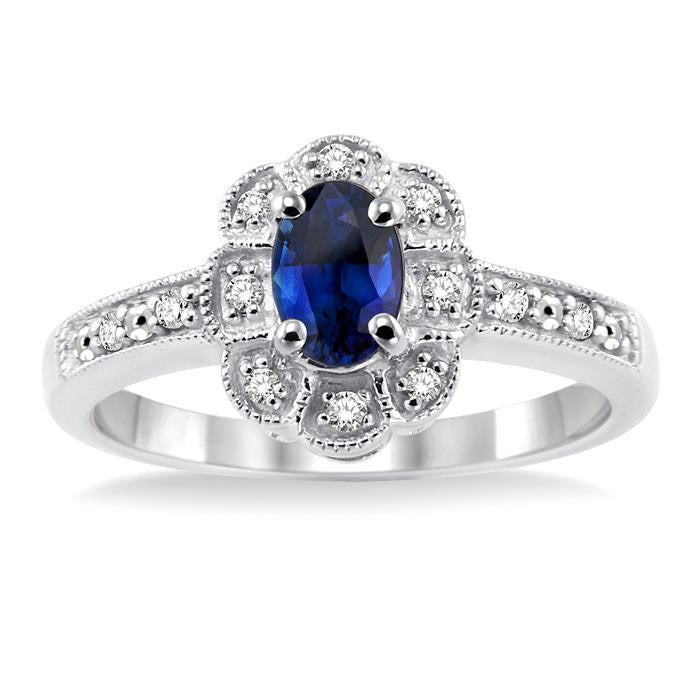 6x4 MM Oval Cut Sapphire and 1/20 Ctw Round Cut Diamond Ring in Sterling Silver