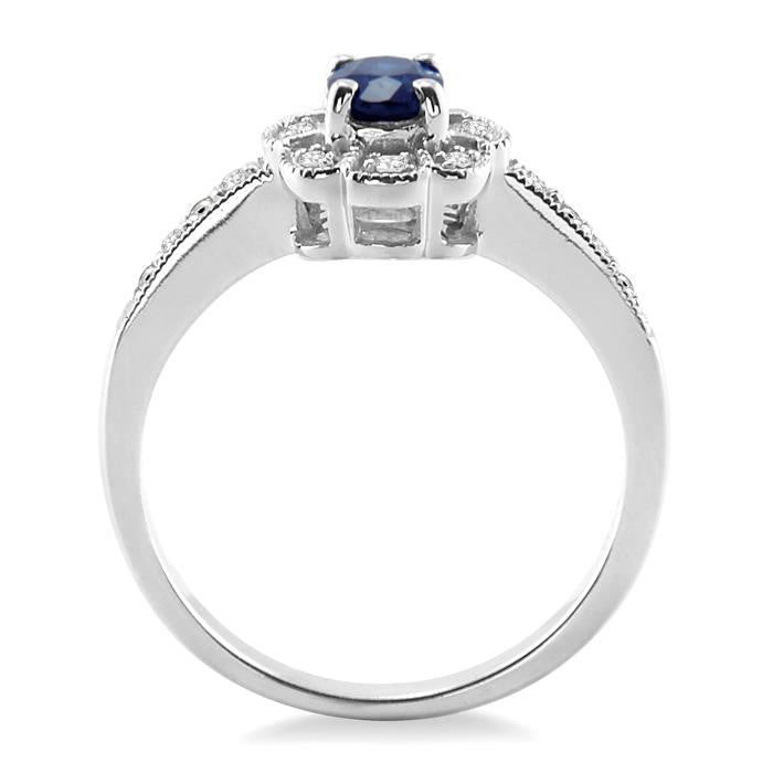 6x4 MM Oval Cut Sapphire and 1/20 Ctw Round Cut Diamond Ring in Sterling Silver