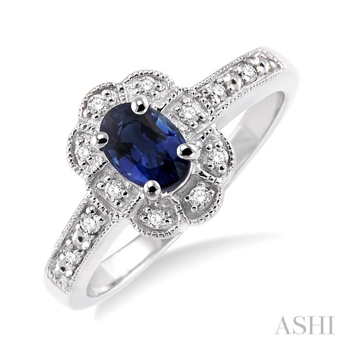 6x4 MM Oval Cut Sapphire and 1/20 Ctw Round Cut Diamond Ring in Sterling Silver
