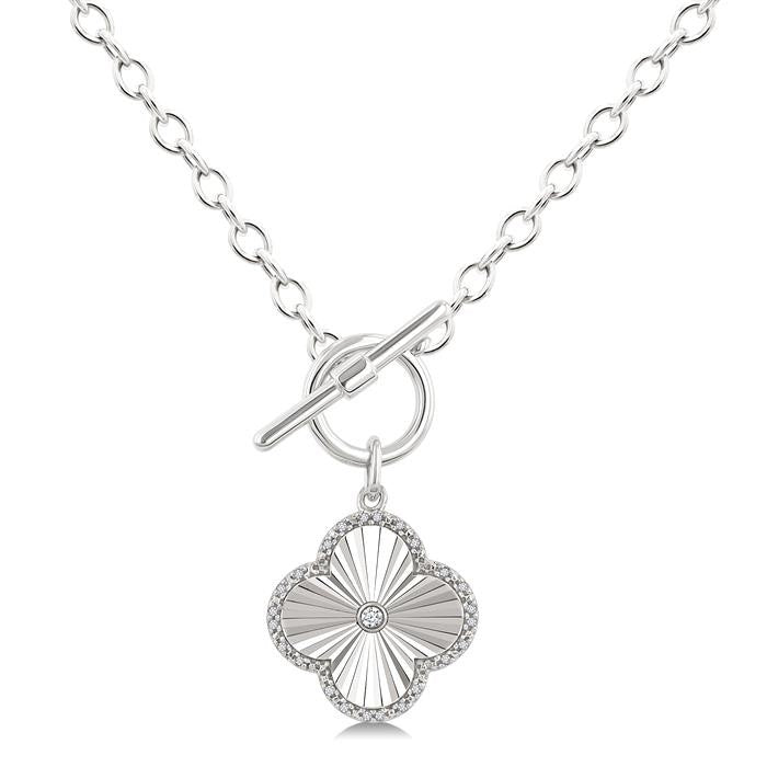 1/10 Ctw Clover Fluted Toggle Round Cut Diamond Pirouette Fashion Necklace in Sterling Silver