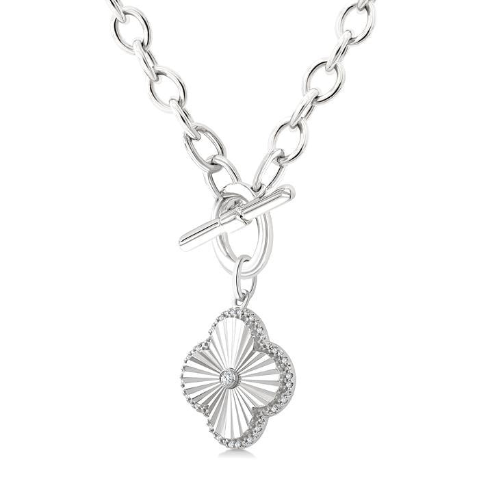 1/10 Ctw Clover Fluted Toggle Round Cut Diamond Pirouette Fashion Necklace in Sterling Silver