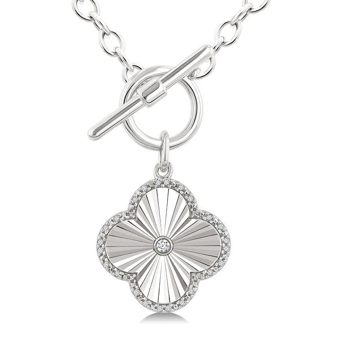 1/10 Ctw Clover Fluted Toggle Round Cut Diamond Pirouette Fashion Necklace in Sterling Silver