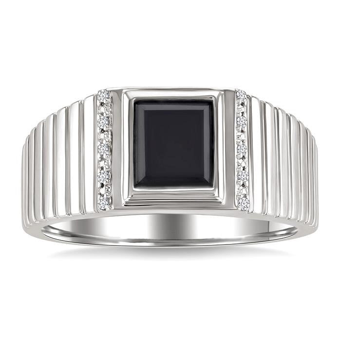 Silver Emerald Shape Men's Onyx Diamond Ring