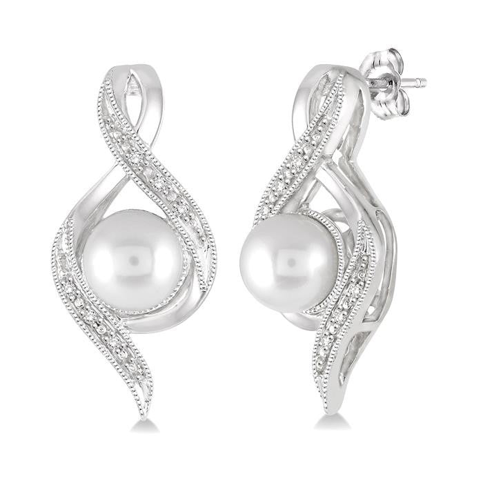 6.5 MM Round Shape Cultured Pearls and 1/20 Ctw Round Cut Diamond Earrings in Sterling Silver