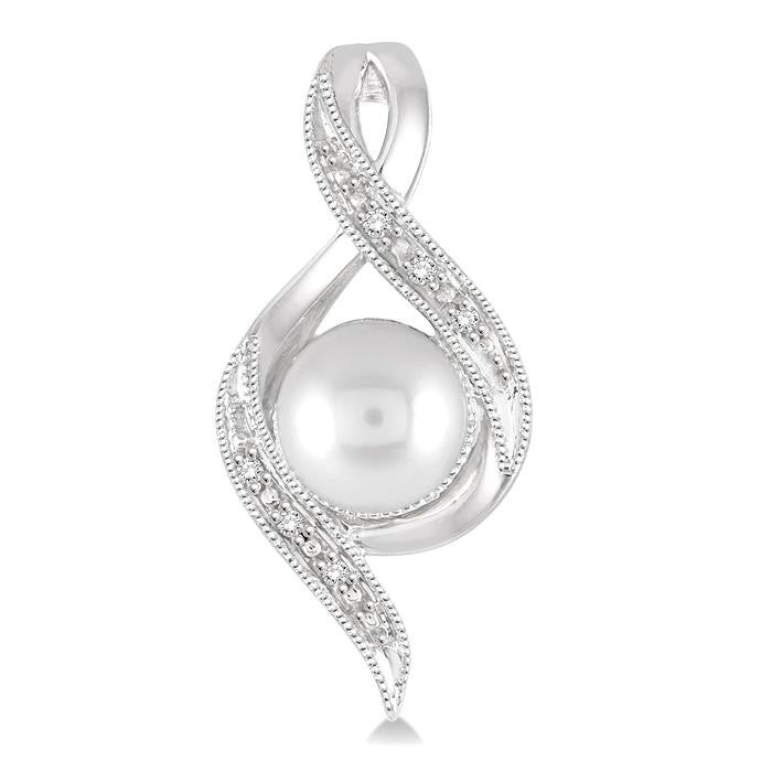 6.5 MM Round Shape Cultured Pearls and 1/20 Ctw Round Cut Diamond Earrings in Sterling Silver