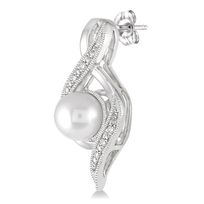 6.5 MM Round Shape Cultured Pearls and 1/20 Ctw Round Cut Diamond Earrings in Sterling Silver