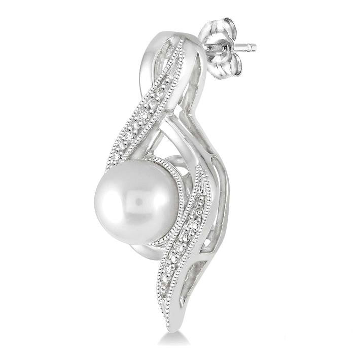 Silver Pearl & Diamond Earrings