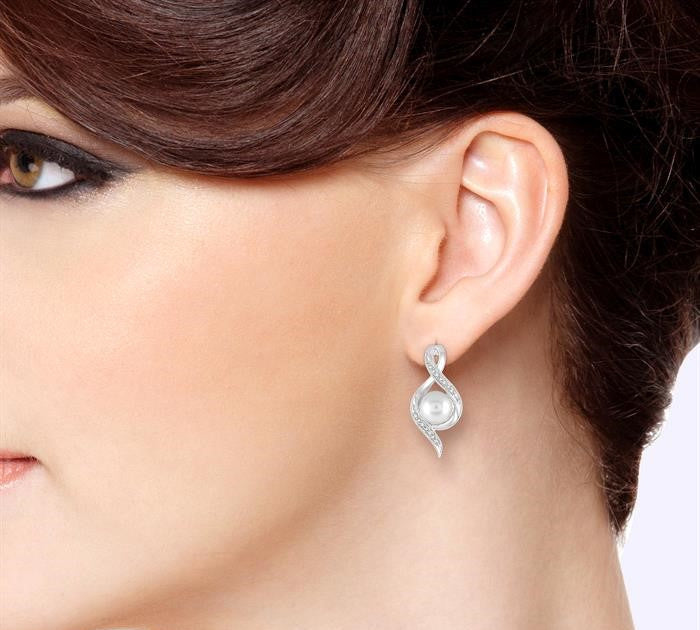 6.5 MM Round Shape Cultured Pearls and 1/20 Ctw Round Cut Diamond Earrings in Sterling Silver