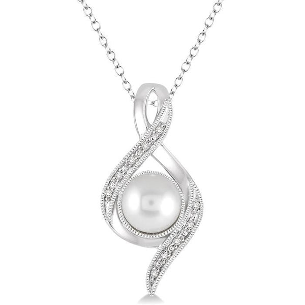 7x7 MM Round Shape Cultured Pearl and 1/20 Ctw Round Cut Diamond Pendant in Sterling Silver with Chain