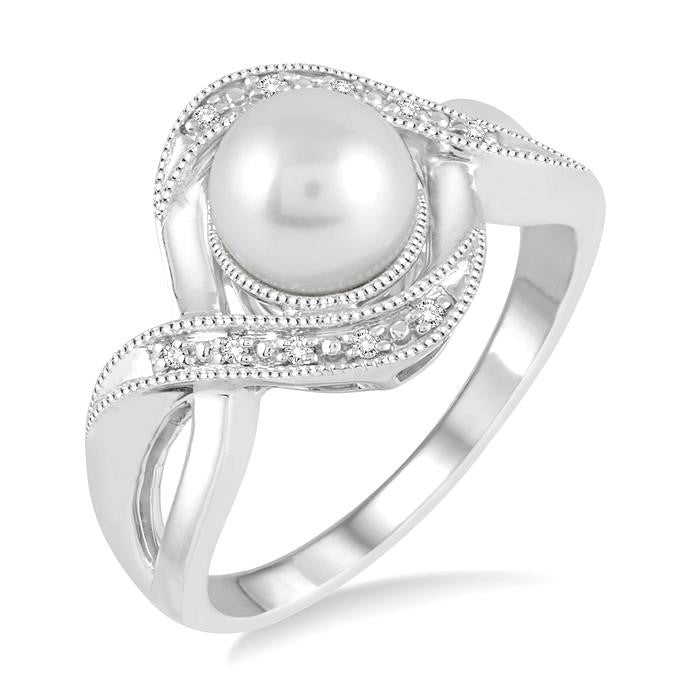 7x7 MM Round Shape Cultured Pearl and 1/20 Ctw Round Cut Diamond Ring in Sterling Silver