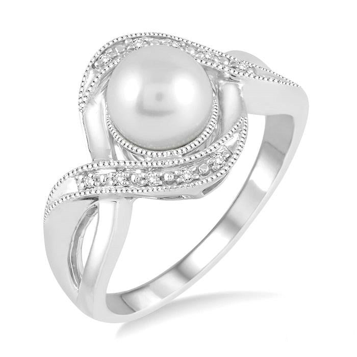 Silver Pearl & Diamond Ring