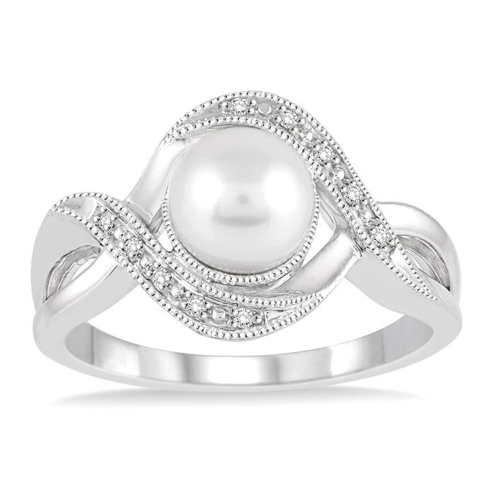 7x7 MM Round Shape Cultured Pearl and 1/20 Ctw Round Cut Diamond Ring in Sterling Silver