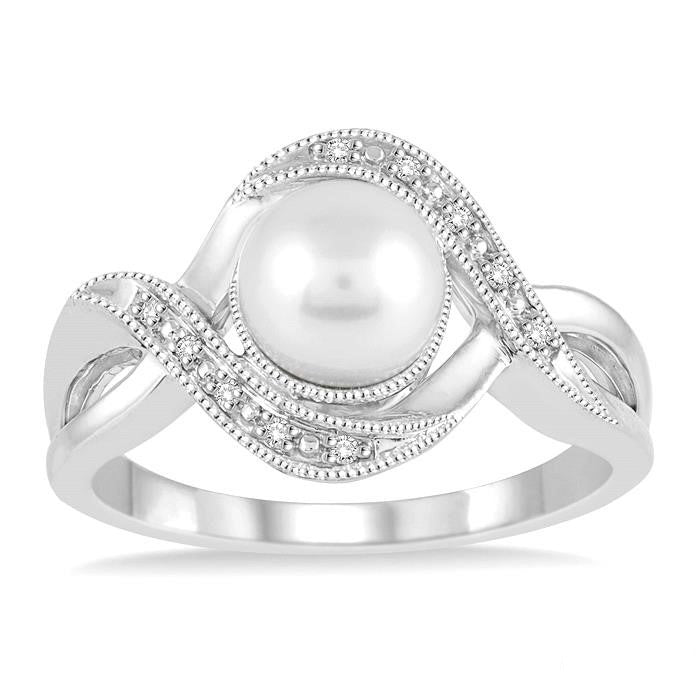 Silver Pearl & Diamond Ring