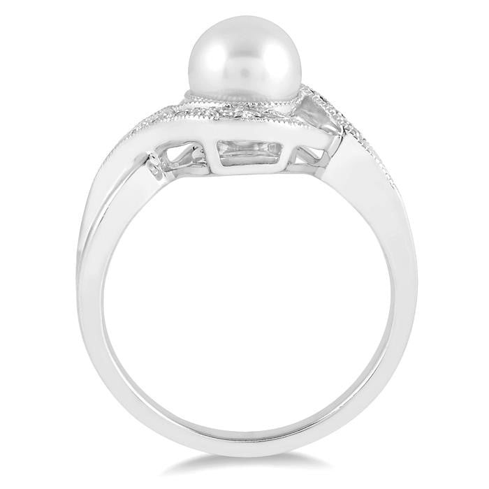 7x7 MM Round Shape Cultured Pearl and 1/20 Ctw Round Cut Diamond Ring in Sterling Silver