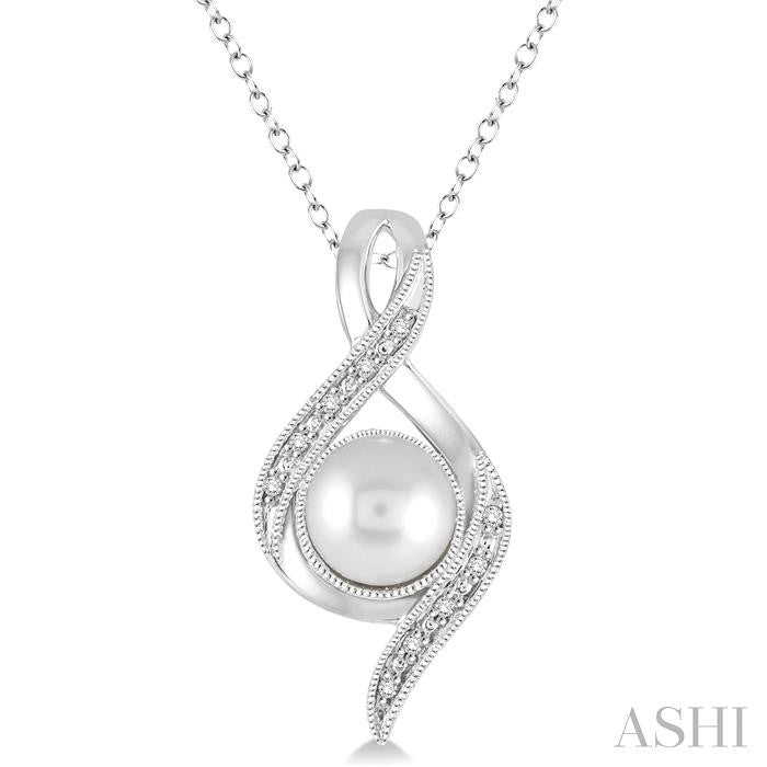 7x7 MM Round Shape Cultured Pearl and 1/20 Ctw Round Cut Diamond Pendant in Sterling Silver with Chain