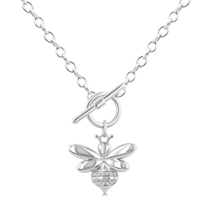 1/20 Ctw Bumble Bee Toggle Round Cut Diamond Fashion Necklace in Sterling Silver