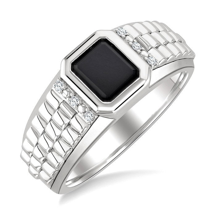 8x7 MM Octagon Shape Onyx and 1/20 Ctw Round Cut Diamond Semi-precious Men's Ring in Sterling Silver