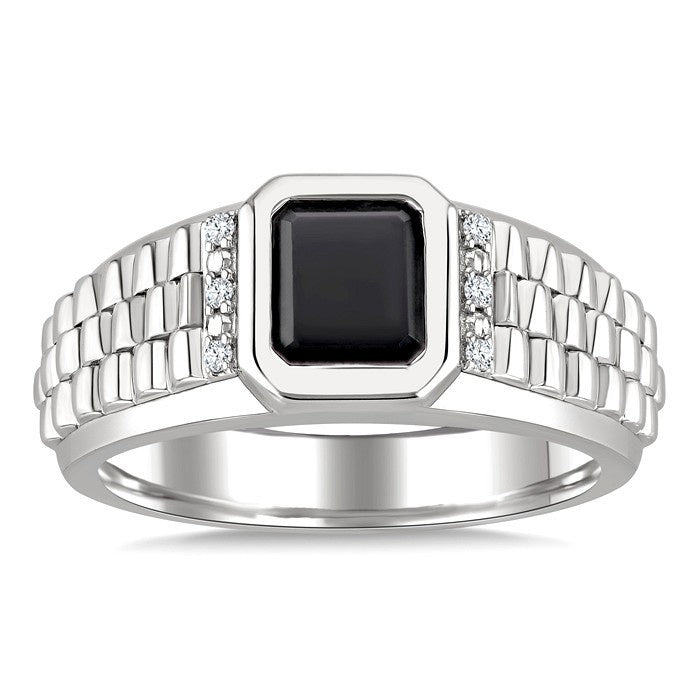 8x7 MM Octagon Shape Onyx and 1/20 Ctw Round Cut Diamond Semi-precious Men's Ring in Sterling Silver