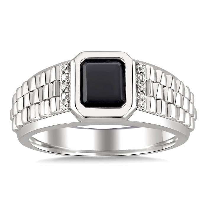 Silver Emerald Shape Men's Onyx Diamond Ring